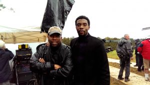 Priest with Chadwick Boseman on the set of Avengers: Infinity War